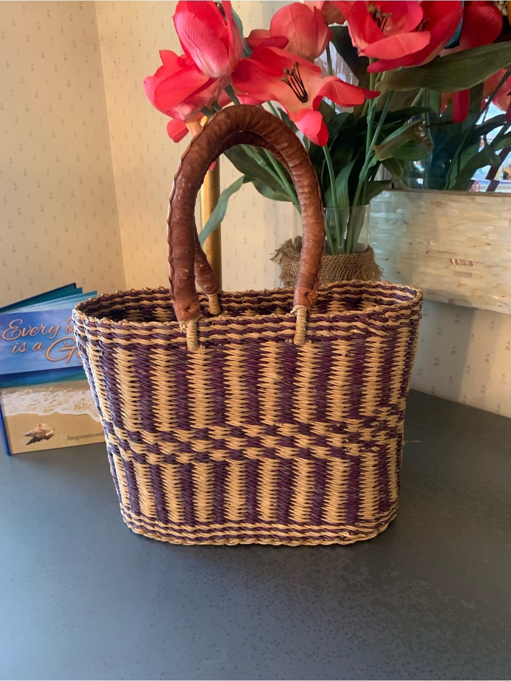 HANDMADE in Africa handbag, tote. BOLGATANGA basket, Leather wrapped handles.